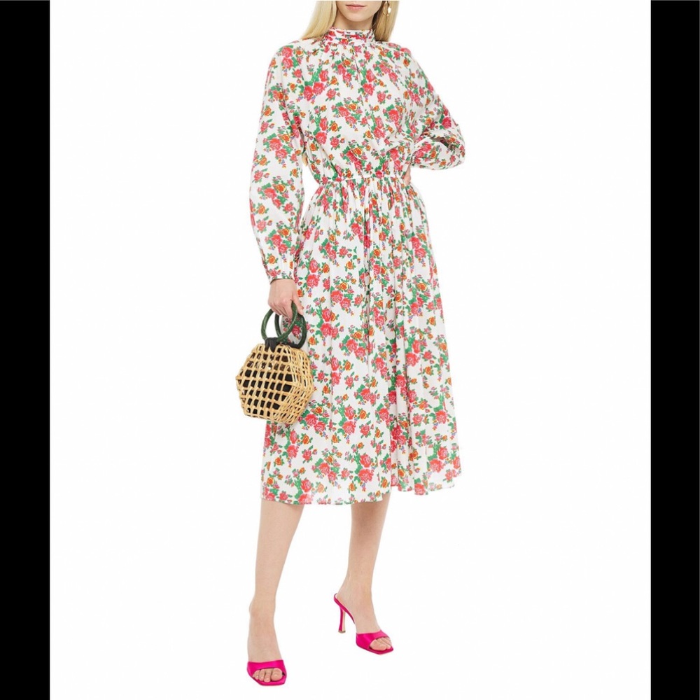 Rhode Mai Gathered Floral Print Cotton Poplin Midi Dress